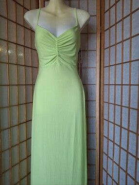 Haute Monde Light Green Ruched Spaghetti-Strap Maxi Dress